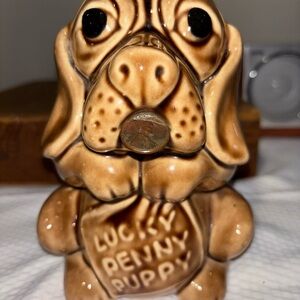 Vtg 1950’s Lucky Penny Puppy Dog 3D w Coin in Mouth Ceramic Coin Bank No Stopper